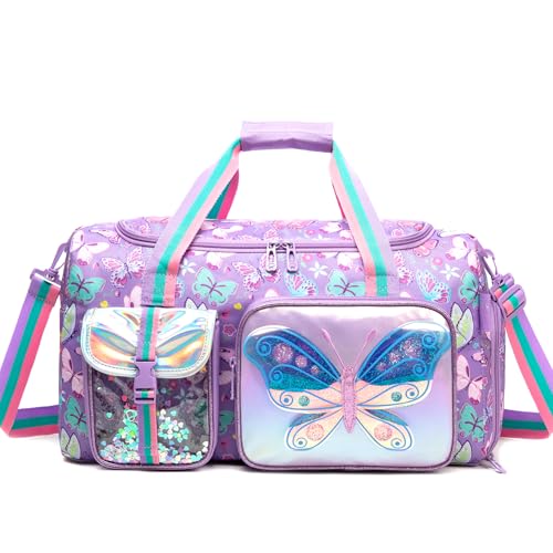 Oruiji Butterfly Kids Duffle Bag Girls Dance Bag Travel Overnight Sleepover Bags for Girls Gymnastics Sports Bags for Kids with Shoes Compartment - Image 1