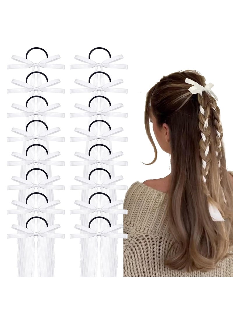 TOKUFAGU - 16Pcs Long Silk Ribbon Hair Bands White Elastic Hair Ties with Bow Silk Satin Hair Scrunchies for Women Kids Girls - Image 1