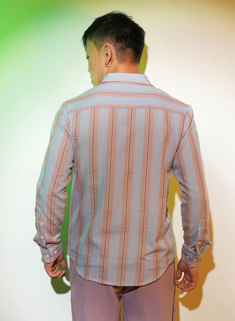 CAHOOT  Men's Icy Blue & Nude Beige Striped Seersucker Shirt for Men | Best Price UAE
