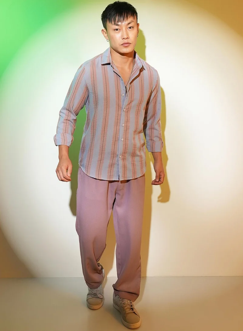 CAHOOT  Men's Icy Blue & Nude Beige Striped Seersucker Shirt for Men | Best Price UAE