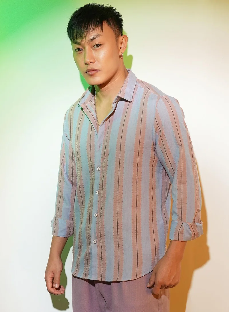 CAHOOT  Men's Icy Blue & Nude Beige Striped Seersucker Shirt for Men | Best Price UAE