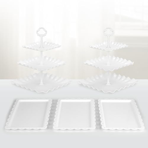 NWK 5 Piece Cake Stand Set with 2 x Large 3-Tier Cupcake Stands, 3 x Appetizer Trays, for Wedding Birthday Baby Shower Tea Party Decorations (White) - Image 2