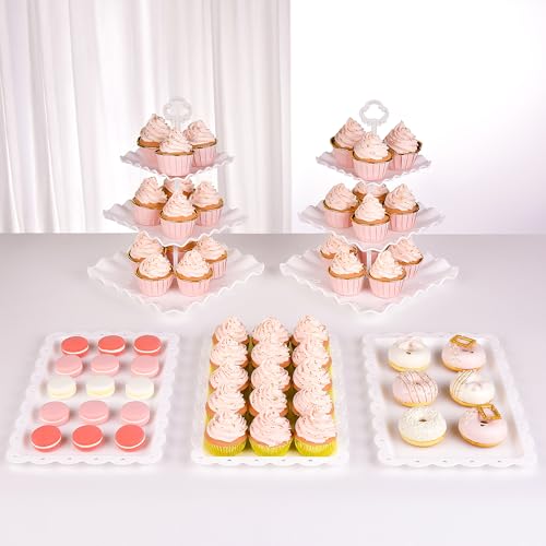 NWK 5 Piece Cake Stand Set with 2 x Large 3-Tier Cupcake Stands, 3 x Appetizer Trays, for Wedding Birthday Baby Shower Tea Party Decorations (White) - Image 1