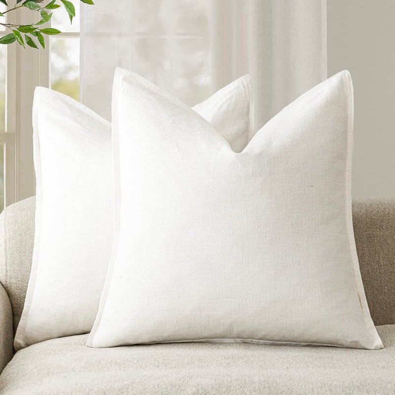Foindtower Pack of 2 Decorative Linen Soild Throw Pillow Covers Soft Accent Cushion Case Boho Farmhouse Neutral Pillowcase for Chair Couch Sofa Bedroom Living Room Home Decor 24 x 24 Inch Cream White