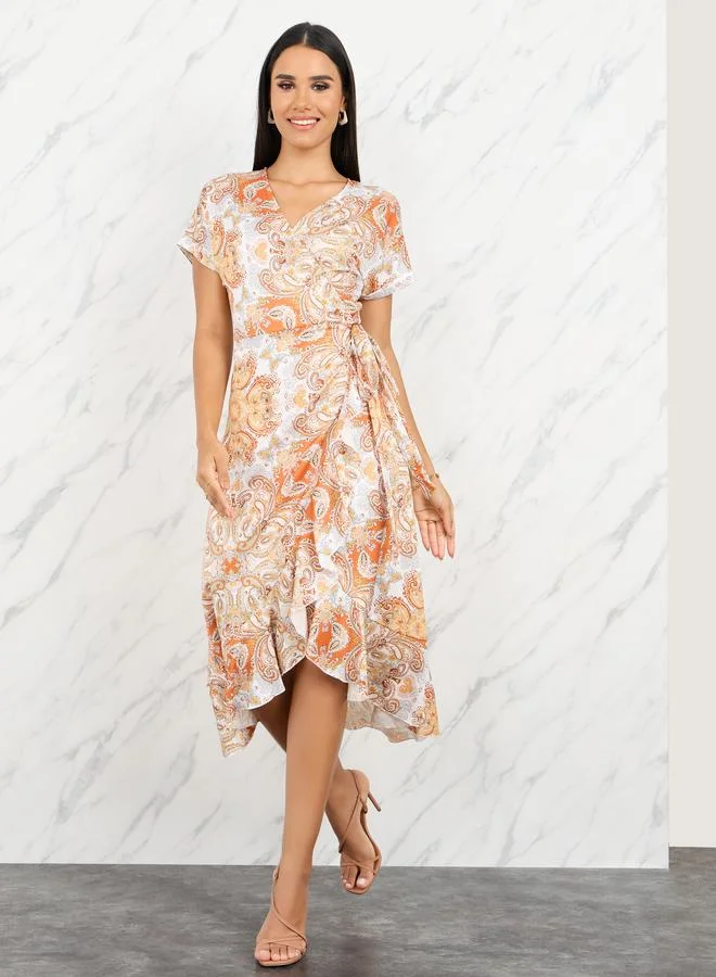 Take Two Bohemian Print Ruffle Asymmetric Hem Wrap Midi Dress