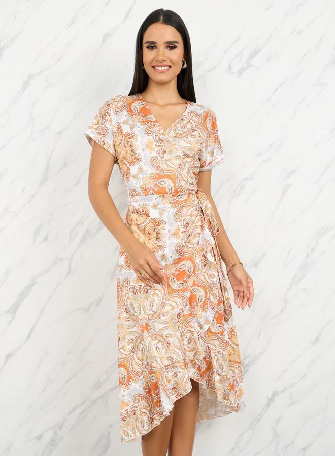 Take Two Bohemian Print Ruffle Asymmetric Hem Wrap Midi Dress