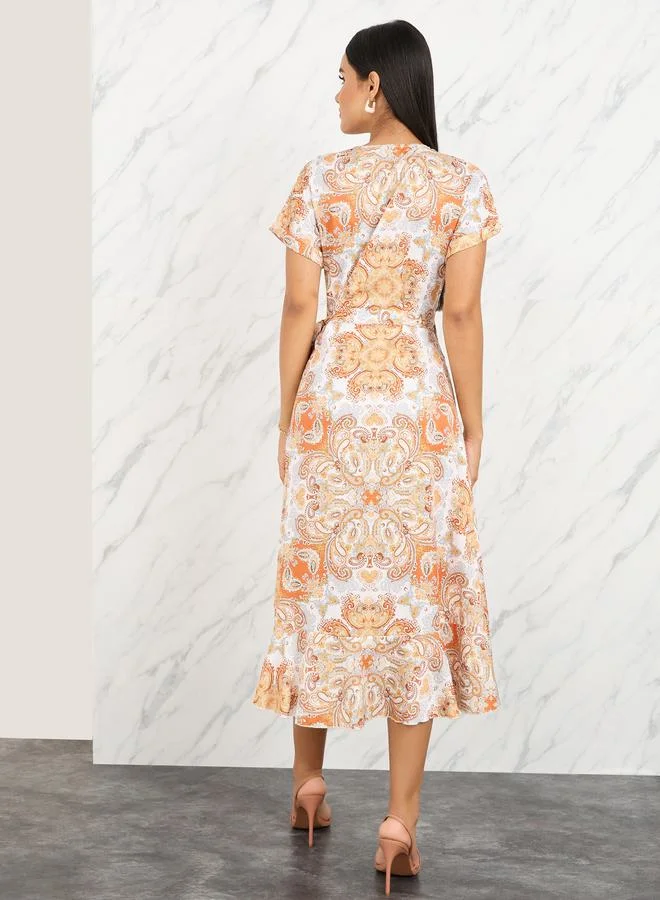 Take Two Bohemian Print Ruffle Asymmetric Hem Wrap Midi Dress