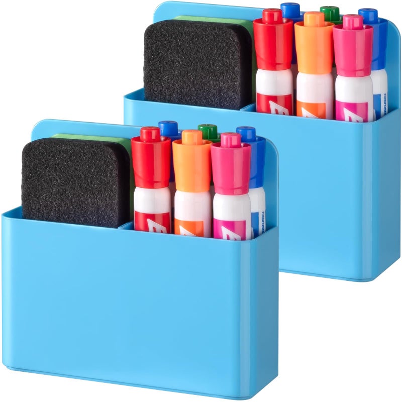 BEYGORM 2 Pack Plastic Magnetic Pen Holder for Refrigerator, Dry Erase Marker Holder for Whiteboardï¼ŒMagnet School Locker Organizer Accessories, Pencil Cup, Pen Caddy, Classroom Organization(Blue) - Image 1