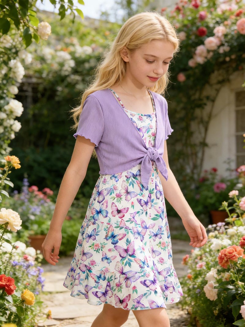 RAISEVERN Girls Summer Dresses Size 10-12 Spring Purple Butterflies Dress for Kids Cute Clothes for Teen Girls Outfit 12-14 - Image 3