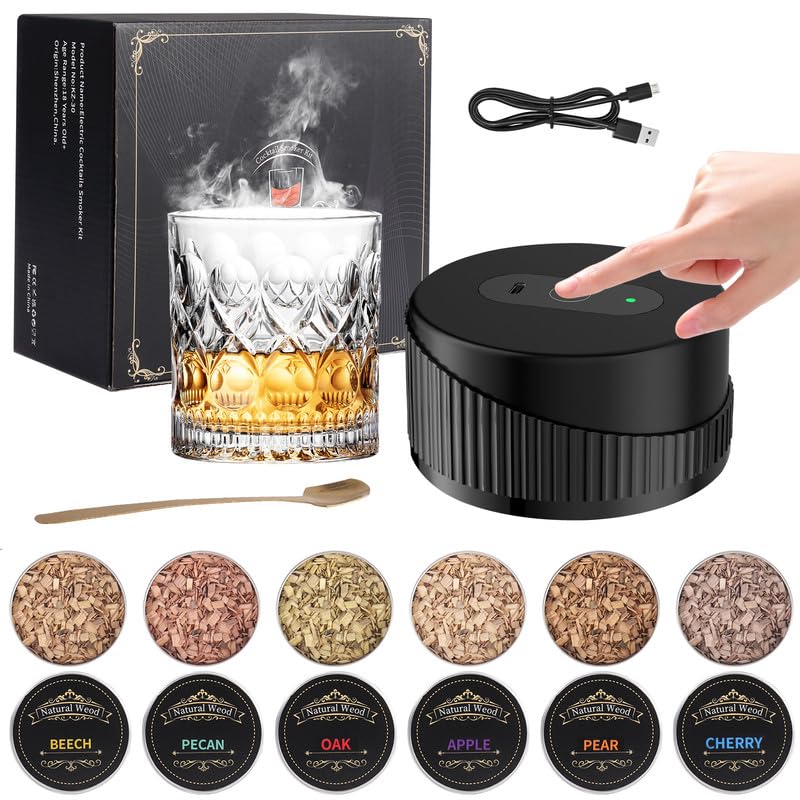 OKYUK طقم مدخن الويسكي الكهربائي مع 6 نكهات من رقائق الخشب قابل لإعادة الشحن بدون الحاجة للبيوتان هدايا عيد الميلاد وعيد الميلاد والويسكي البوربون للرجال والأب والزوج باللون الأسود