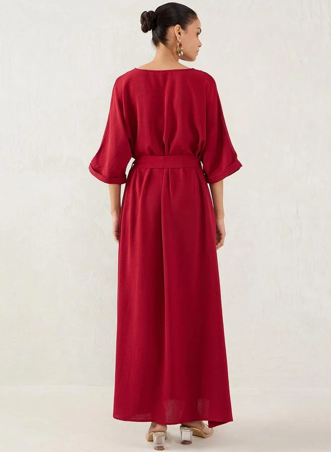Femmella Femmella Maroon Solid V Neck A-Line Maxi Dress with Side Slit