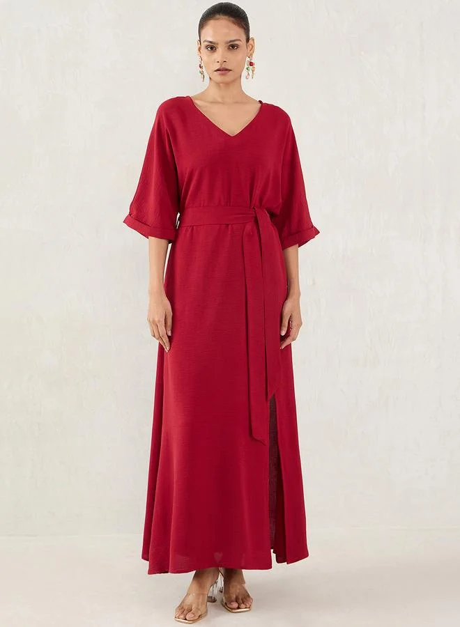 Femmella Femmella Maroon Solid V Neck A-Line Maxi Dress with Side Slit