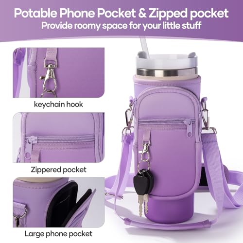 linmaya Water Bottle Carrier Bag for Stanley Cup 40/30oz with Phone Holder Pockets,Neoprene Water Bottle Cross-body Bag with Adjustable Shoulder & Hand Strap Stanley Cup Accessories - Image 4
