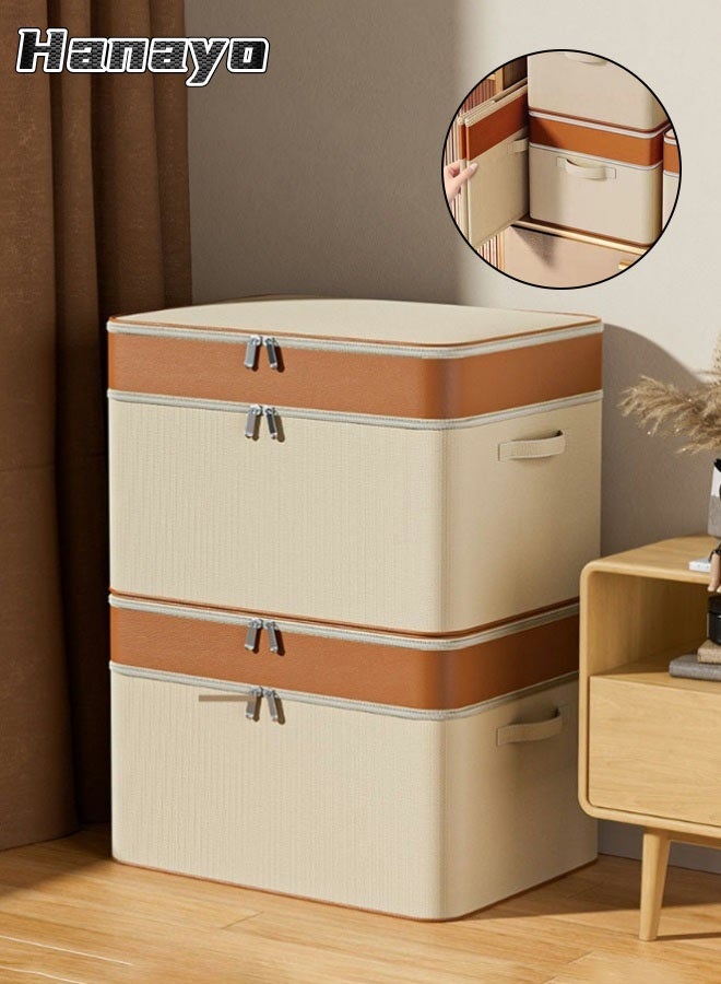 Hanayo 2 Pack Clothes Storage Boxes Double Layer Zipper Clothes Storage Bag Wardrobe Storage Box Portable Storage Bag Winter Quilt Storage Box for Comforters Blankets Bedding Toys Books Clothes Sweaters(Beige)  - Image 1
