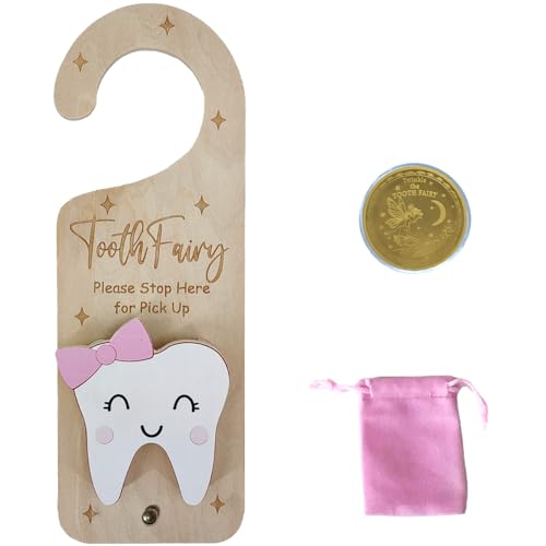 PAMBO Tooth Fairy Door Hanger, Wooden Tooth Fairy Money Holder with Tooth Coins for Lost Tooth Kids Gifts (Pink) - Image 1