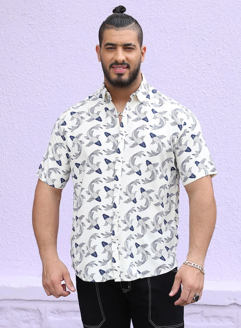 Instafab Plus Instafab Plus Men's White Fish Print Button Up Plus-Size Fit Shirt For Casual Wear | Heavy Rayon Spread Collar Shirt Crafted With Regular Sleeve & Comfort Fit For Everyday Wear