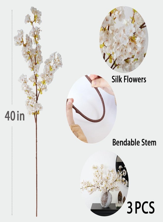 mizii 3Pcs Artificial White Cherry Blossom Branches 40" Fake Silk Cherry Blossoms Flowers with Long Stem for Wedding Decorations Table Centerpieces Vase Arrangement Home Decor (White) - Image 2