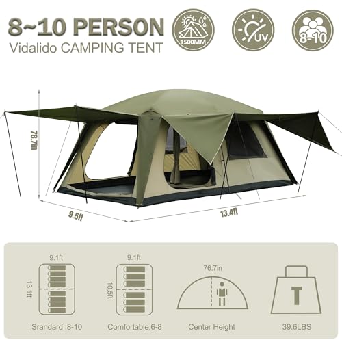 Vidalido 8-10 Person Camping Tent with 3 Door 2 Room Large Family Cabin Tents, Double Layer Waterproof Portable Glamping Tent, Big Tents for Outdoor Picnic Camping Hiking and Family Gathering - Image 4