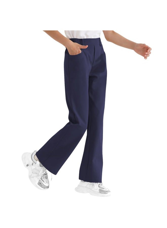 Dreammonkey Girls Flare Dress Pants Kids Bootcut School Uniform Slacks with Half Elastic Waist Size 6-15 Years, Navy, 8-9 Years - Image 1