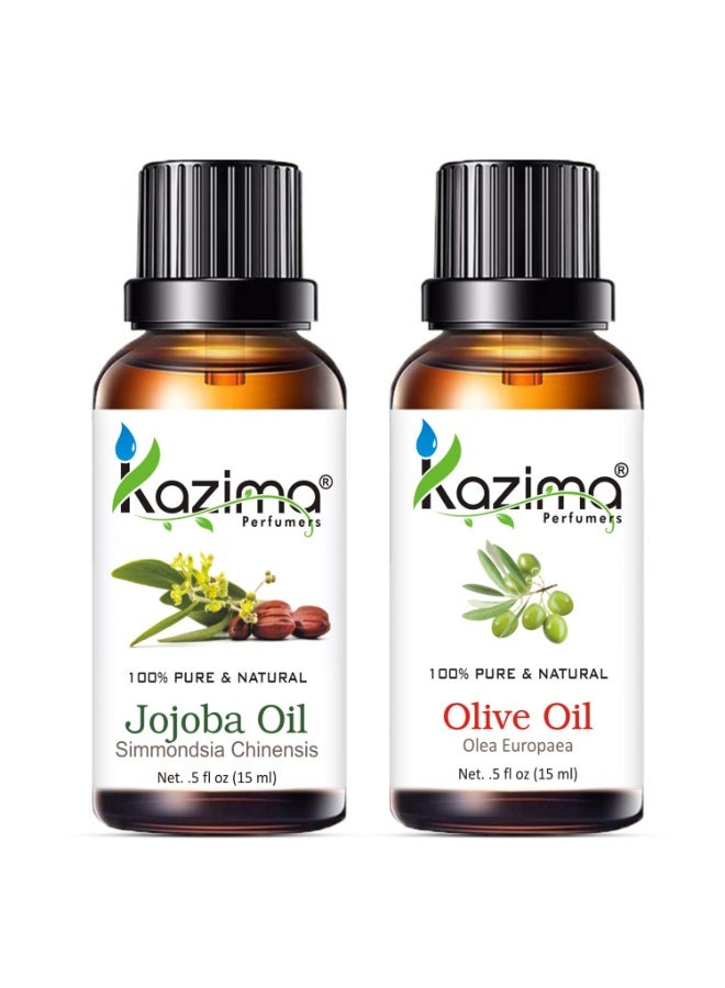 KAZIMA Combo of Jojoba Oil and Olive Oil - 100% Pure Cold Pressed Carrier Oil for Acne, Wrinkles, Skin Moisturizing, Massage & Hair Growth, 15 ml each - Image 1