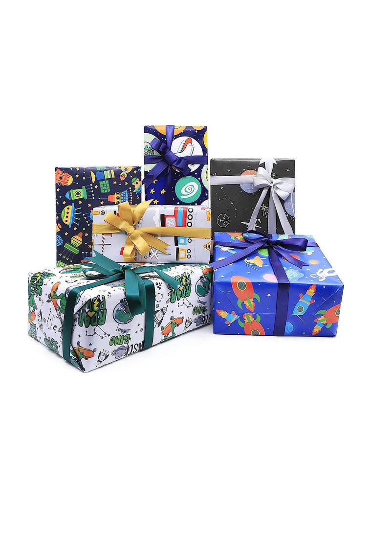 SYOSI Gift Wrapping Paper sheets Set, Cartoon Birthday Paper for Boys Kids Gift Bundle Per Sheet with Stripes Stickers for Party Craft 2 Different Color Ribbons Alien Outer Space Dinosaur Car 6 Sheets - Image 1