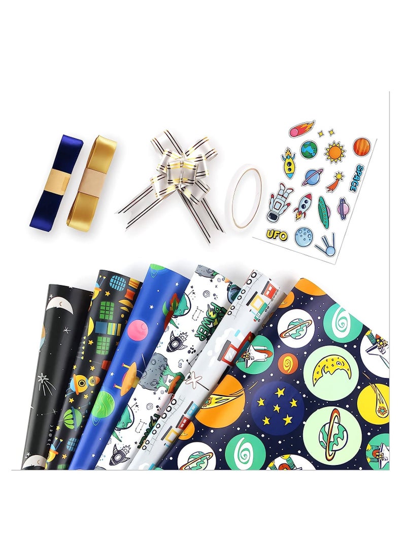 SYOSI Gift Wrapping Paper sheets Set, Cartoon Birthday Paper for Boys Kids Gift Bundle Per Sheet with Stripes Stickers for Party Craft 2 Different Color Ribbons Alien Outer Space Dinosaur Car 6 Sheets - Image 4