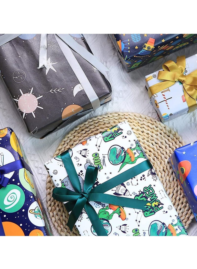 SYOSI Gift Wrapping Paper sheets Set, Cartoon Birthday Paper for Boys Kids Gift Bundle Per Sheet with Stripes Stickers for Party Craft 2 Different Color Ribbons Alien Outer Space Dinosaur Car 6 Sheets - Image 3