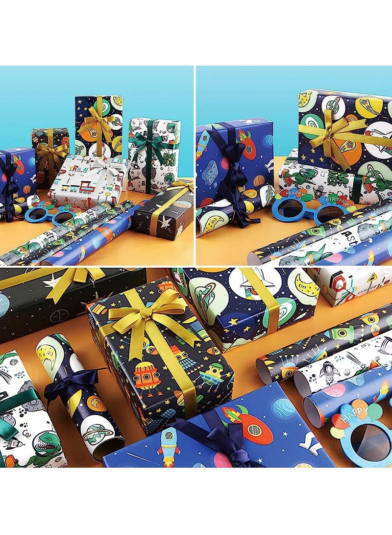 SYOSI Gift Wrapping Paper sheets Set, Cartoon Birthday Paper for Boys Kids Gift Bundle Per Sheet with Stripes Stickers for Party Craft 2 Different Color Ribbons Alien Outer Space Dinosaur Car 6 Sheets - Image 5