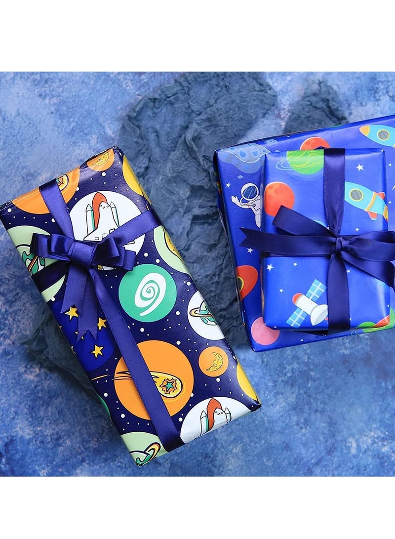 SYOSI Gift Wrapping Paper sheets Set, Cartoon Birthday Paper for Boys Kids Gift Bundle Per Sheet with Stripes Stickers for Party Craft 2 Different Color Ribbons Alien Outer Space Dinosaur Car 6 Sheets - Image 2
