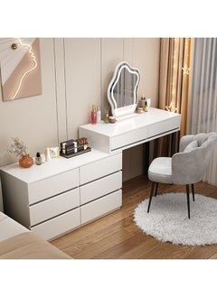 Organized Home Makeup Vanity Desk with Mirror and Lights Adjustable Side Cabinet Storage Drawer Included Petal Chair Perfect for Bedroom White  - Image 1