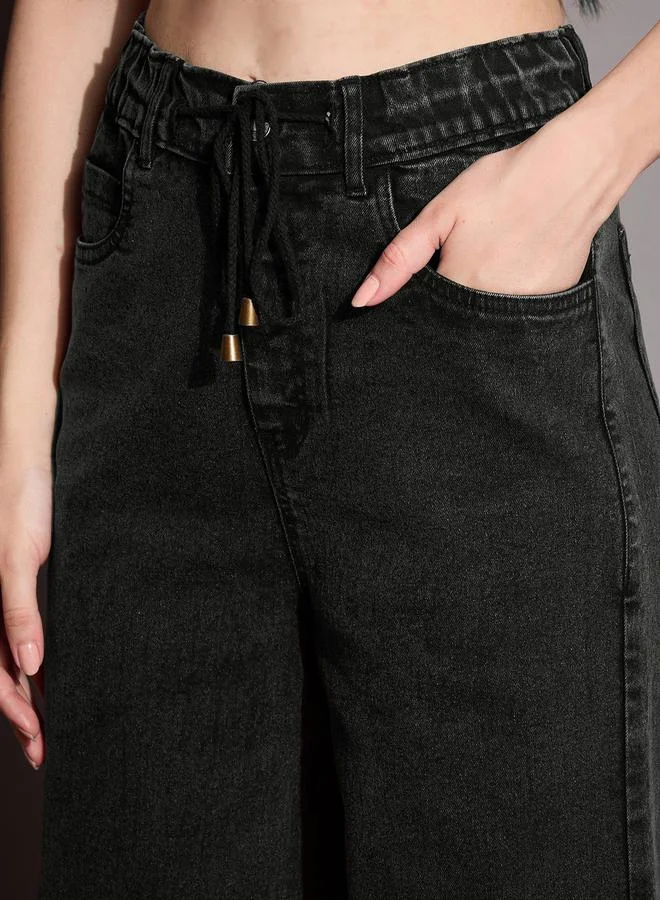 SASSAFRAS High Rise Drawstring Waistband Straight Fit Jeans by Styli