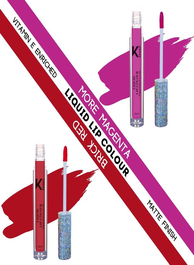 KINDED Liquid Lip Colour Vitamin E Enriched No Transfer Waterproof Long Stay Lipsticks Lip Gloss Set for Girls Women (Pack of 2, 6 ml each, Matte Finish, Shades More Magenta & Brick Red) - Image 2