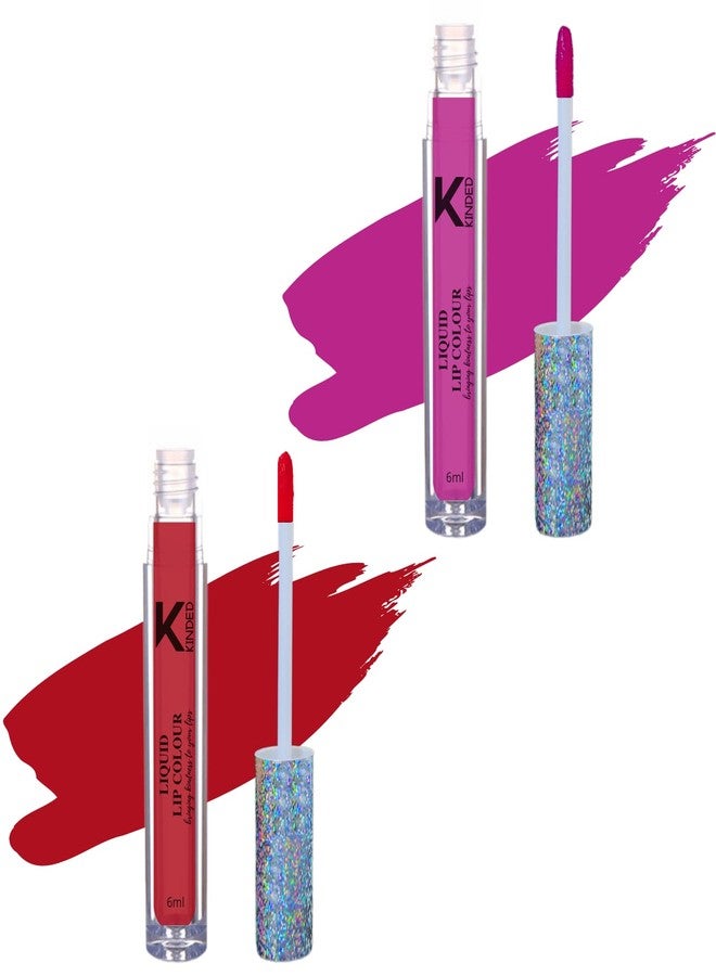KINDED Liquid Lip Colour Vitamin E Enriched No Transfer Waterproof Long Stay Lipsticks Lip Gloss Set for Girls Women (Pack of 2, 6 ml each, Matte Finish, Shades More Magenta & Brick Red) - Image 1
