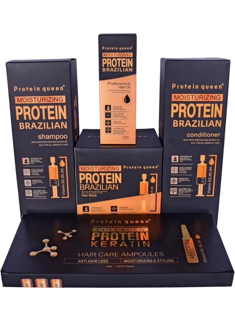Protein Queen Brazilian Professional Hair Treatment Set, Keratine Moisturizing & Hair Loss Control, Repair, Nourishment. Featuring– SHAMPOO, CONDITIONER, MASK, OIL & Collagen AMPOULES – Sulfate-Free, Protein-Rich Formula (Full Set 5) - Image 2