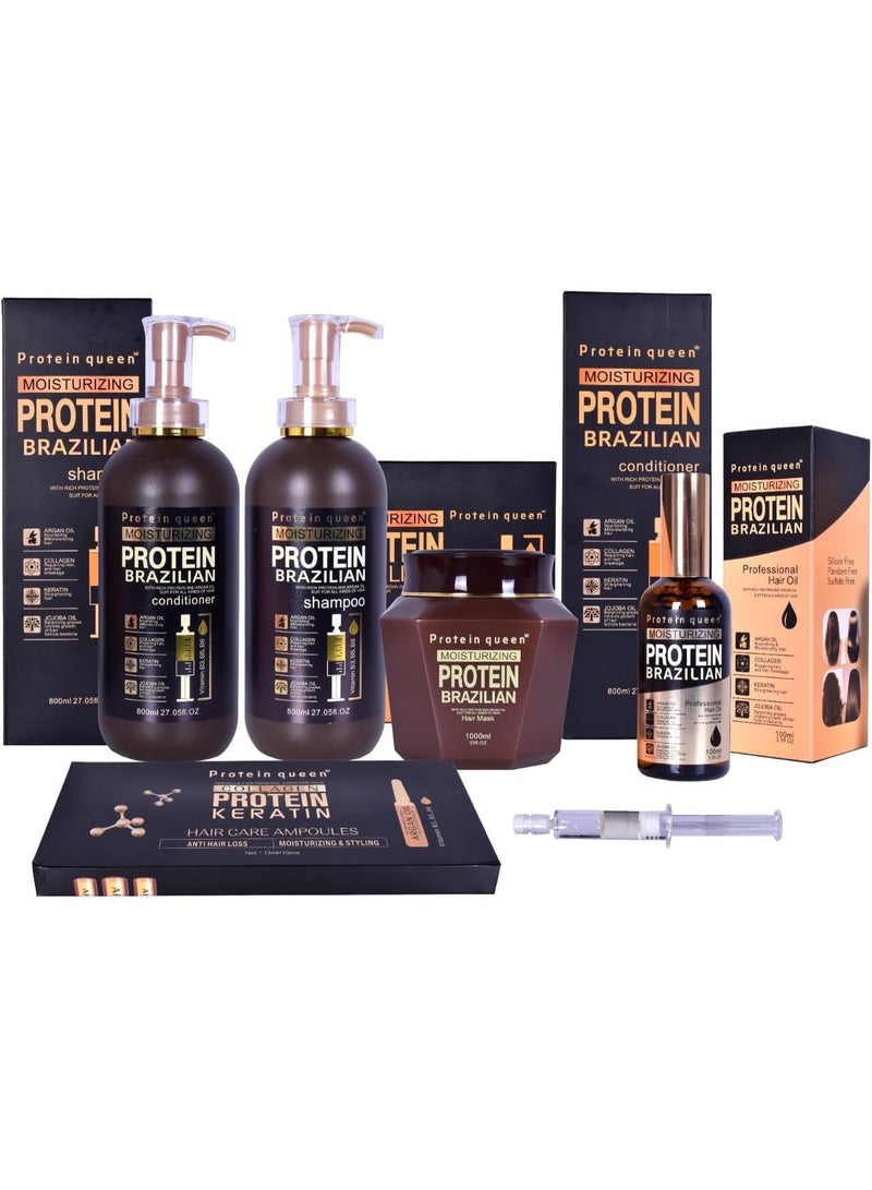 Protein Queen Brazilian Professional Hair Treatment Set, Keratine Moisturizing & Hair Loss Control, Repair, Nourishment. Featuring– SHAMPOO, CONDITIONER, MASK, OIL & Collagen AMPOULES – Sulfate-Free, Protein-Rich Formula (Full Set 5) - Image 1