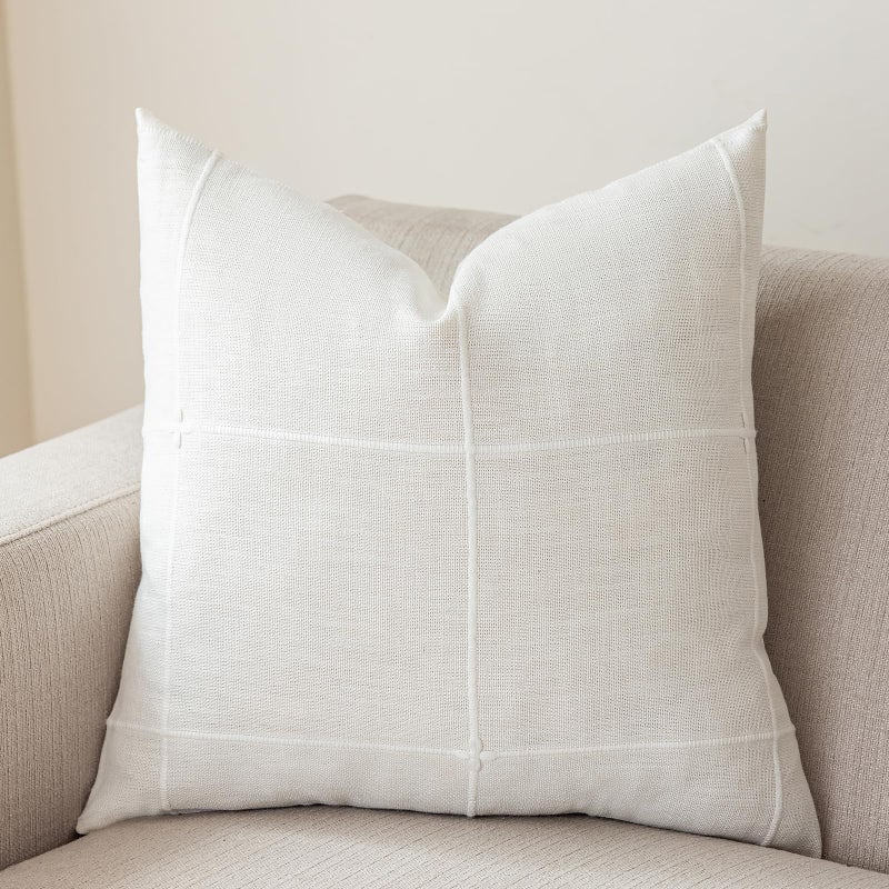 vctops Rustic Lattice Cotton Linen Decorative Throw Pillow Cover Embroidery Square Cushion Cover Pillowcase for Sofa Bedroom Couch (Plaid White, 24"x24") - Image 1
