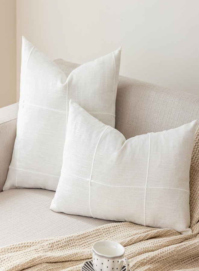 vctops Rustic Lattice Cotton Linen Decorative Throw Pillow Cover Embroidery Square Cushion Cover Pillowcase for Sofa Bedroom Couch (Plaid White, 24"x24") - Image 2