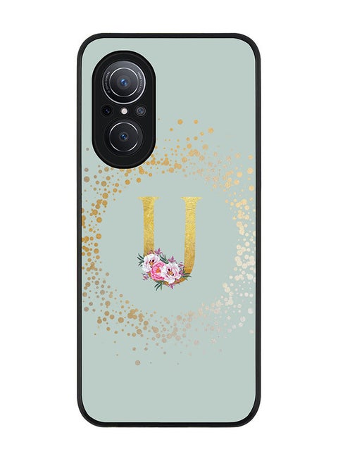 Rugged Black edge case for Huawei Nova 9 SE  Slim fit Soft Case Flexible Rubber Edges Anti Drop TPU Gel Thin Cover - Custom Monogram Initial Letter Floral Pattern Alphabet - U (Light Grey )