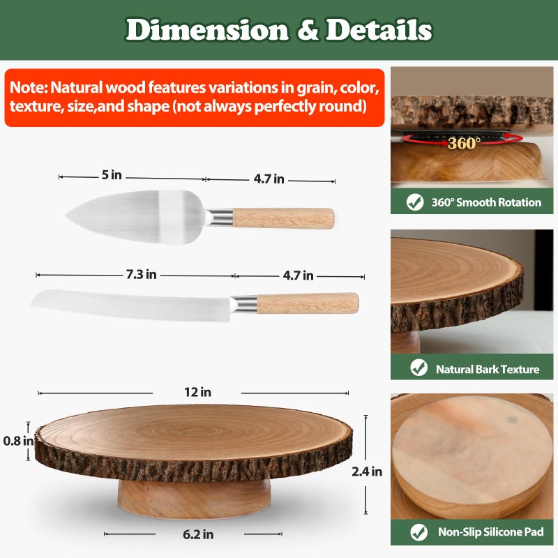 GrnVibe Rotating Cake Stand 12" Wood Cake Stand with Cake Cutting Set,Rustic Wooden Cake Stands for Party/Wedding/Baking Gifts/Event/Cake Turntable for Decorating - Image 3