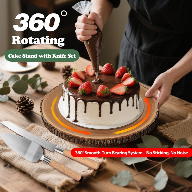 GrnVibe Rotating Cake Stand 12" Wood Cake Stand with Cake Cutting Set,Rustic Wooden Cake Stands for Party/Wedding/Baking Gifts/Event/Cake Turntable for Decorating - Image 4