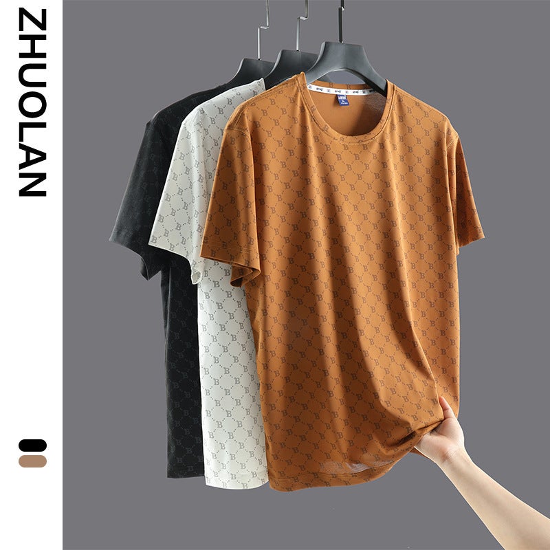 Ice Silk T-shirt Men's Short-sleeved 2023 Summer New Large Size Fashionable Round Neck Loose Plus Size Half-length Sleeve Clothes for Youth - Image 2