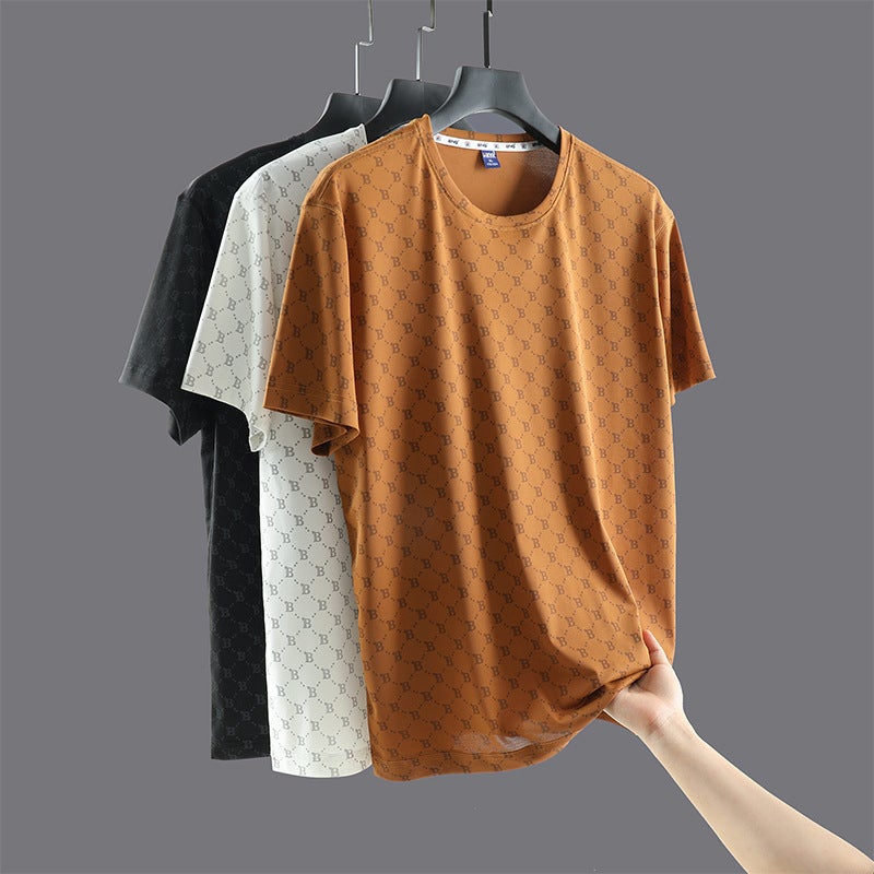 Ice Silk T-shirt Men's Short-sleeved 2023 Summer New Large Size Fashionable Round Neck Loose Plus Size Half-length Sleeve Clothes for Youth - Image 3