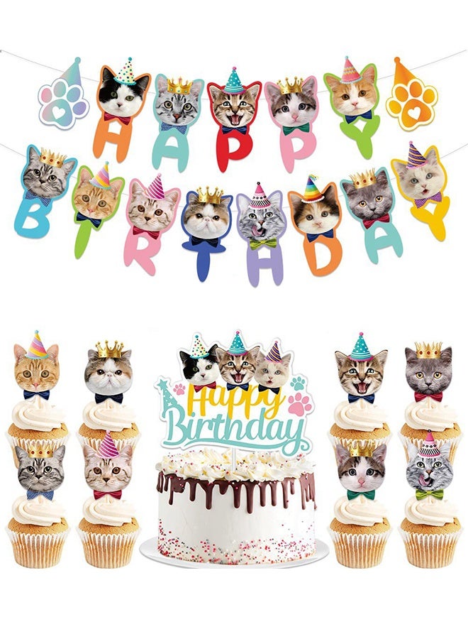 Lemon Happy Birthday Cat Banner and Cupcake Toppers, Kitty Cat Theme Party Bunting Decoration for Cats Lovers and Pets - Image 1