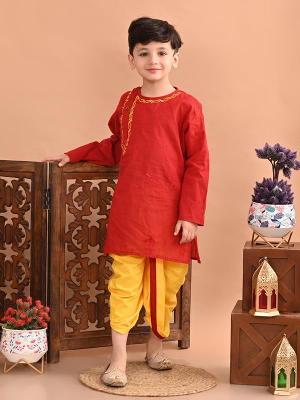 superminis Baby Boys Handloom Cotton Kurta With Embroidery Around the Neck And Contrast Color Dhoti (3-6 Months, Maroon) - Image 2