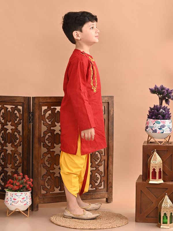 superminis Baby Boys Handloom Cotton Kurta With Embroidery Around the Neck And Contrast Color Dhoti (3-6 Months, Maroon) - Image 4