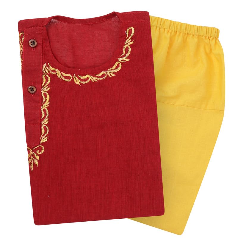 superminis Baby Boys Handloom Cotton Kurta With Embroidery Around the Neck And Contrast Color Dhoti (3-6 Months, Maroon) - Image 1