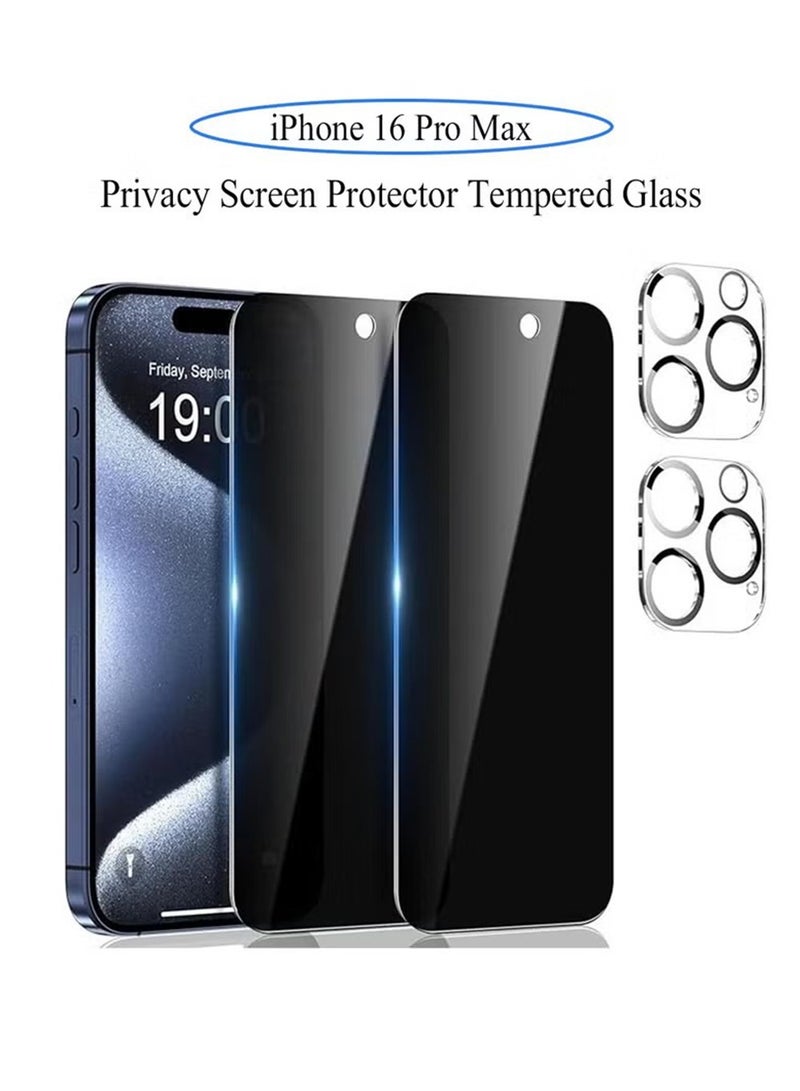 For iPhone 16 Pro Max,2PCS Privacy Tempered Glass Screen Protector and 2PCS Camera Lens Protector Set,9H Hardness Bubble Free Scratch Resistant Black - Image 1
