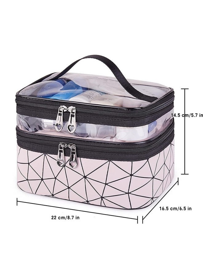 Stadash Double Layer Cosmetics Makeup Toiletries Storage Organizer - Transparent Makeup Bag with 2 Zippers and Elastic Band for Travel, Cosmetics, Brushes, and Beauty Accessories (Diamond Pink) - Image 4