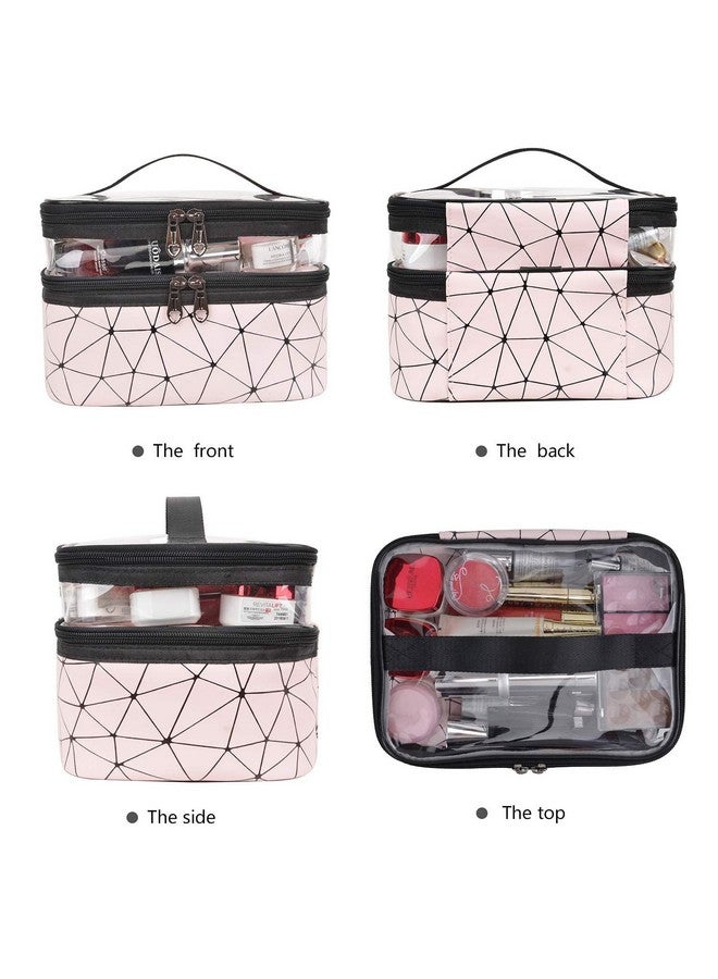 Stadash Double Layer Cosmetics Makeup Toiletries Storage Organizer - Transparent Makeup Bag with 2 Zippers and Elastic Band for Travel, Cosmetics, Brushes, and Beauty Accessories (Diamond Pink) - Image 3