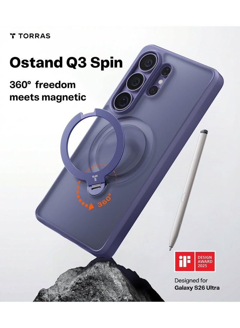 TORRAS Ostand Q3 Spin Series for Samsung Galaxy S26 Ultra Case with 360° Magnetic Stand, Fit for Magsafe, 4X Mil-Grade Shockproof Case with Kickstand, Translucent Frosted, Dark Purple - Image 3